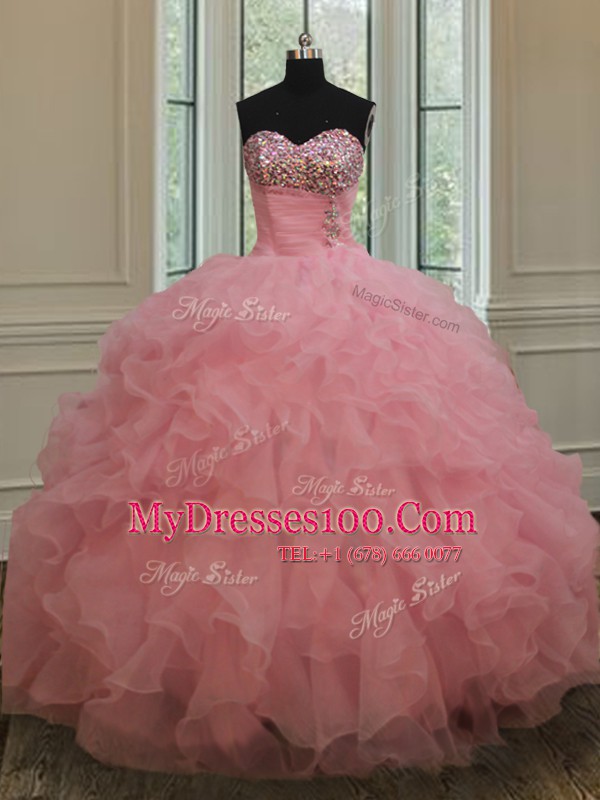Gorgeous Baby Pink Sleeveless Beading and Ruffles and Sequins Sweet 16 Dress
