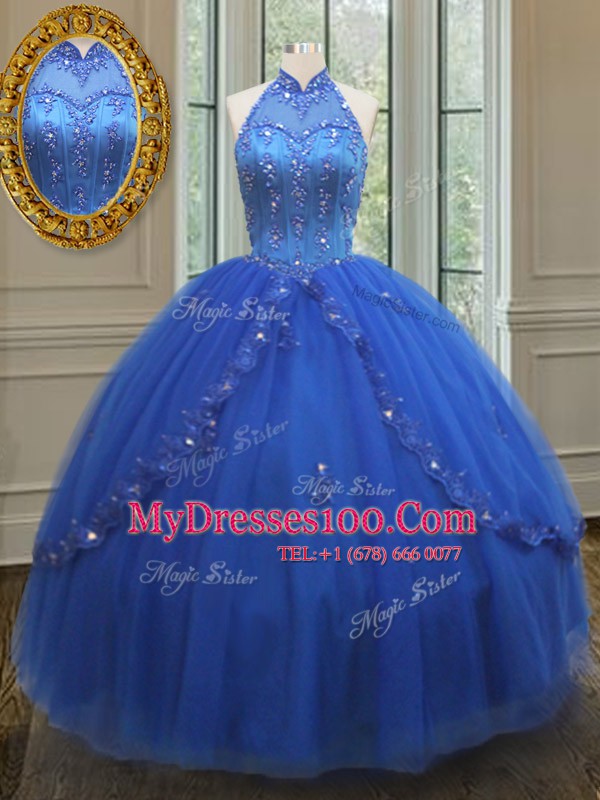 Stunning See Through High-neck Sleeveless Lace Up Quinceanera Gowns Royal Blue Tulle