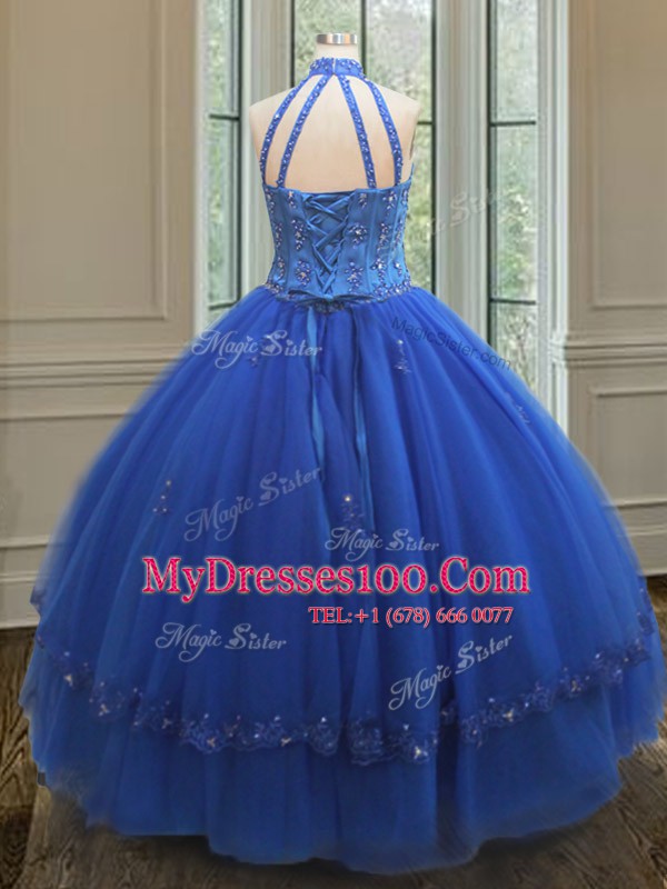 Stunning See Through High-neck Sleeveless Lace Up Quinceanera Gowns Royal Blue Tulle