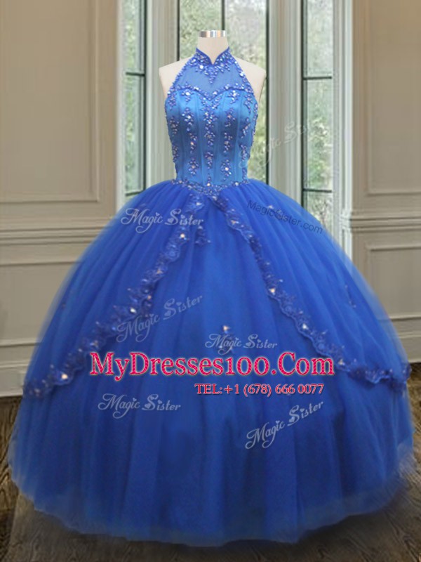 Stunning See Through High-neck Sleeveless Lace Up Quinceanera Gowns Royal Blue Tulle