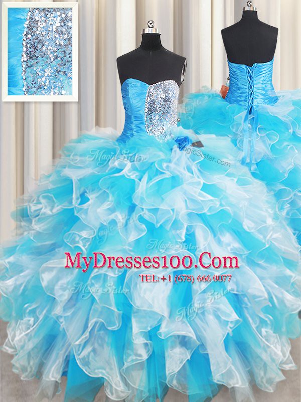 Sleeveless Organza Floor Length Lace Up Sweet 16 Dress in Blue And White with Ruffles and Sequins