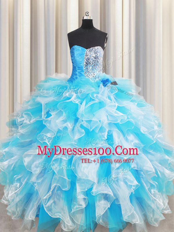 Sleeveless Organza Floor Length Lace Up Sweet 16 Dress in Blue And White with Ruffles and Sequins