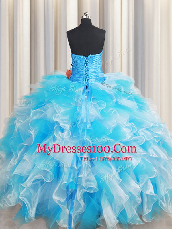 Sleeveless Organza Floor Length Lace Up Sweet 16 Dress in Blue And White with Ruffles and Sequins