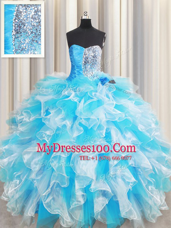 Sleeveless Organza Floor Length Lace Up Sweet 16 Dress in Blue And White with Ruffles and Sequins