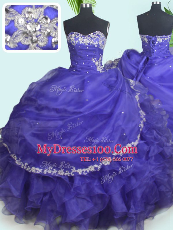 Ball Gowns Quinceanera Gowns Purple Sweetheart Organza Sleeveless Floor Length Lace Up