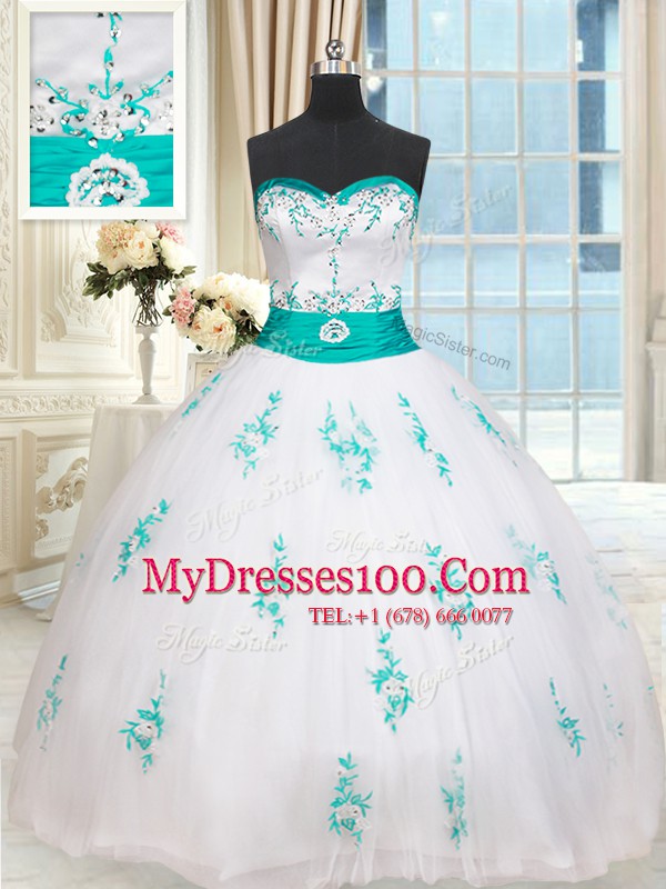 Flare White Sweetheart Neckline Beading and Appliques Sweet 16 Quinceanera Dress Sleeveless Lace Up