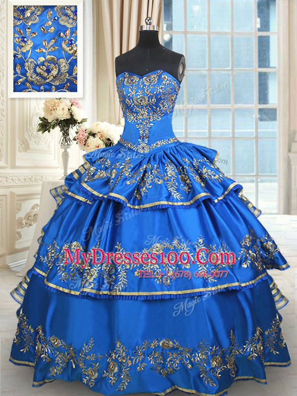 Blue Ball Gowns Sweetheart Sleeveless Taffeta Floor Length Lace Up Beading and Embroidery and Ruffled Layers Sweet 16 Dresses
