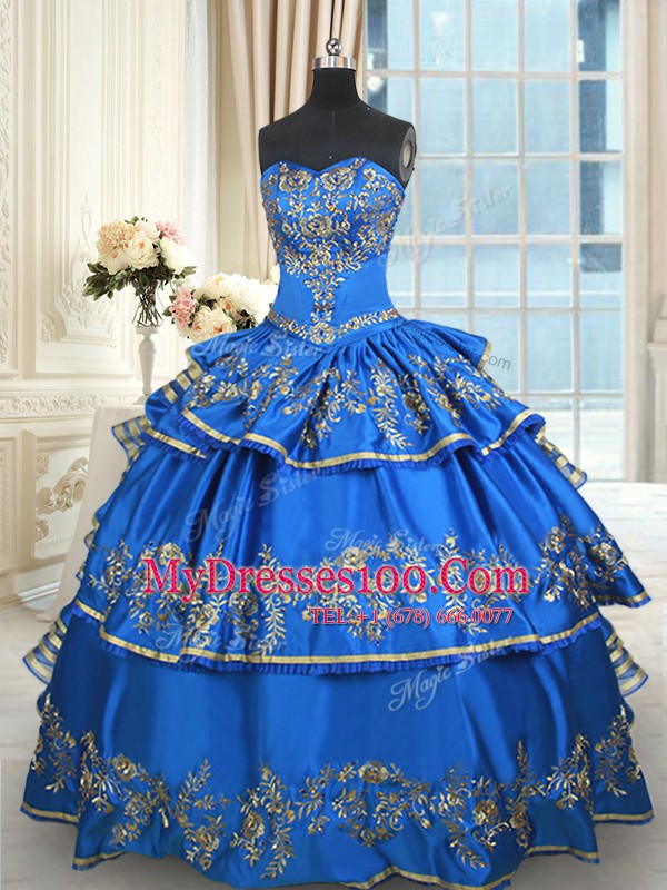 Blue Ball Gowns Sweetheart Sleeveless Taffeta Floor Length Lace Up Beading and Embroidery and Ruffled Layers Sweet 16 Dresses