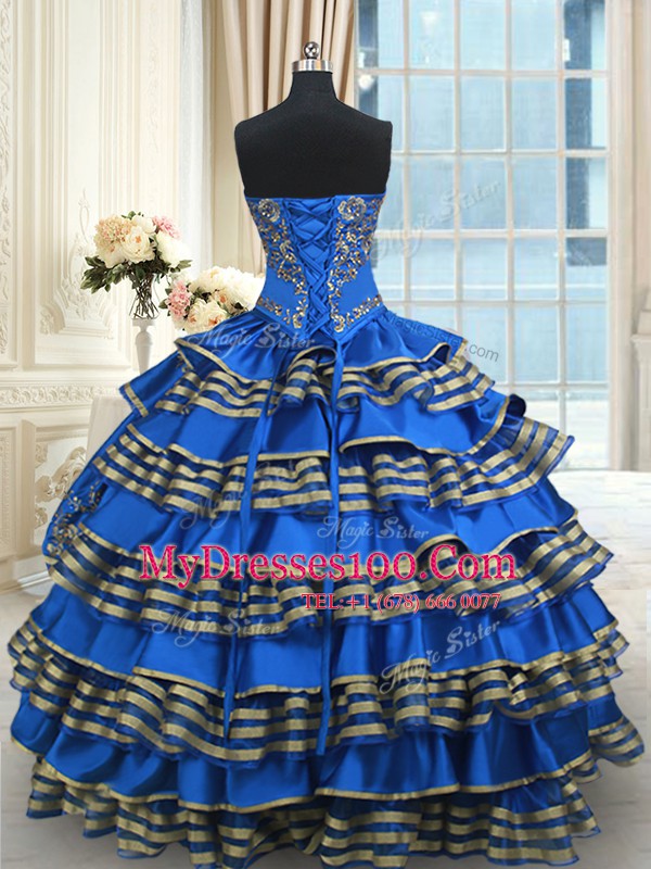 Blue Ball Gowns Sweetheart Sleeveless Taffeta Floor Length Lace Up Beading and Embroidery and Ruffled Layers Sweet 16 Dresses