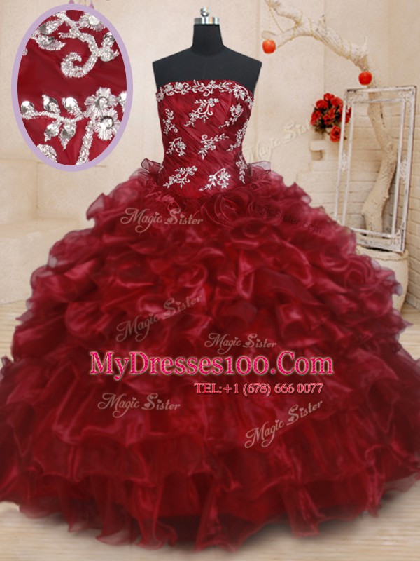 Low Price Burgundy Sleeveless Beading and Ruffles and Ruffled Layers Floor Length 15th Birthday Dress