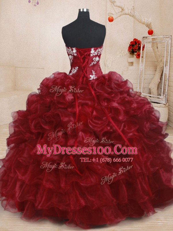 Low Price Burgundy Sleeveless Beading and Ruffles and Ruffled Layers Floor Length 15th Birthday Dress