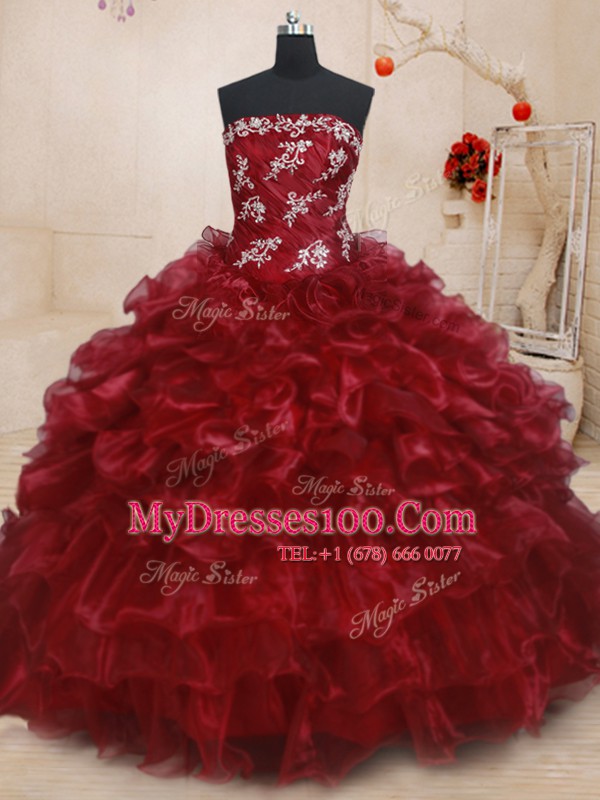 Low Price Burgundy Sleeveless Beading and Ruffles and Ruffled Layers Floor Length 15th Birthday Dress