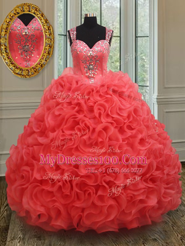 Shining Straps Floor Length Coral Red 15 Quinceanera Dress Organza Sleeveless Beading