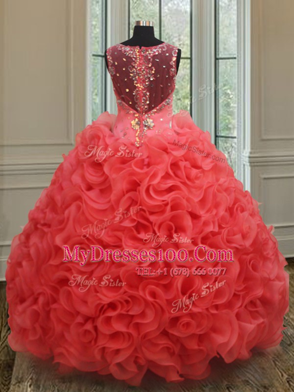 Shining Straps Floor Length Coral Red 15 Quinceanera Dress Organza Sleeveless Beading