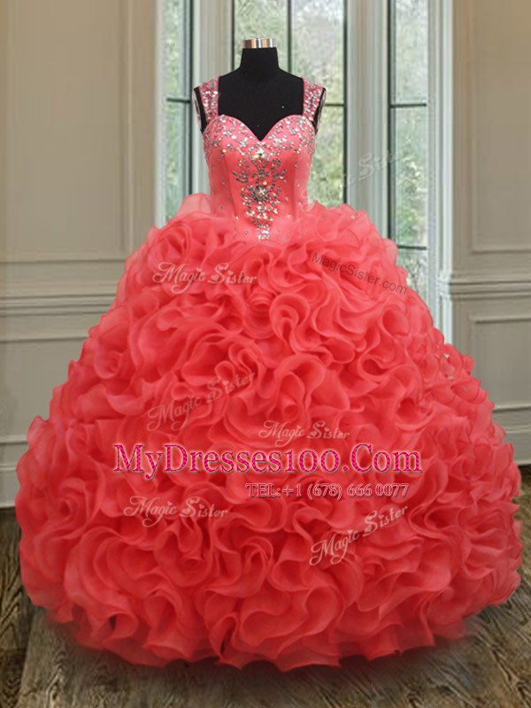 Shining Straps Floor Length Coral Red 15 Quinceanera Dress Organza Sleeveless Beading