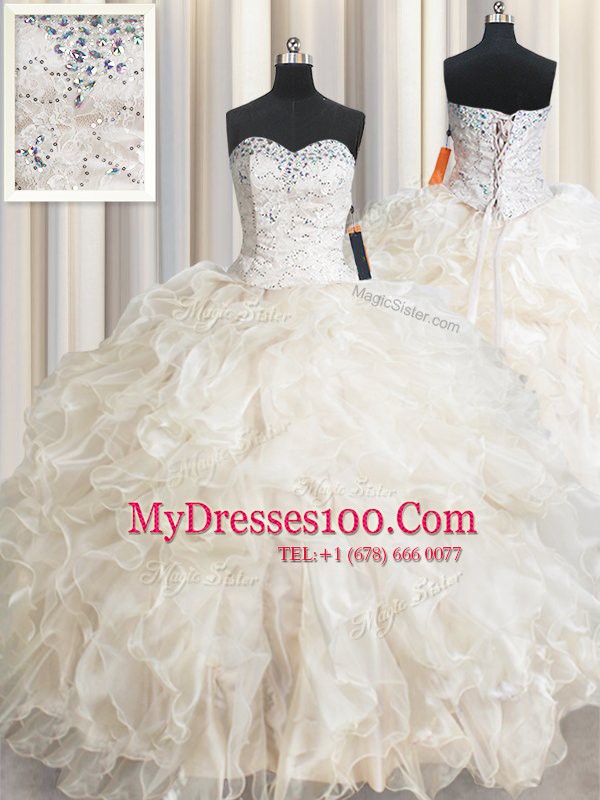 Champagne Sweetheart Lace Up Beading and Lace and Ruffles 15 Quinceanera Dress Sleeveless