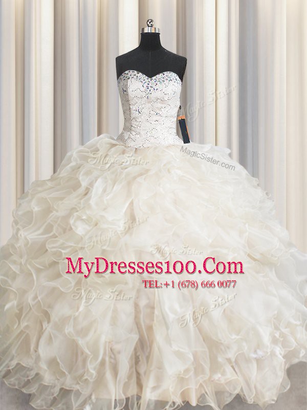 Champagne Sweetheart Lace Up Beading and Lace and Ruffles 15 Quinceanera Dress Sleeveless