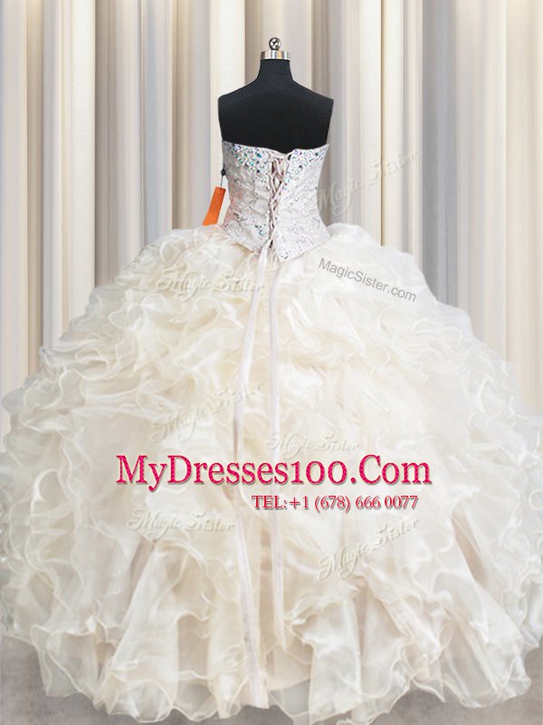 Champagne Sweetheart Lace Up Beading and Lace and Ruffles 15 Quinceanera Dress Sleeveless