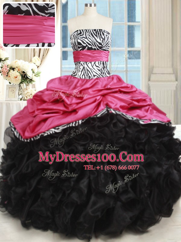 Fashionable Pink And Black Lace Up Strapless Beading and Ruffles Quinceanera Dresses Organza and Taffeta Sleeveless