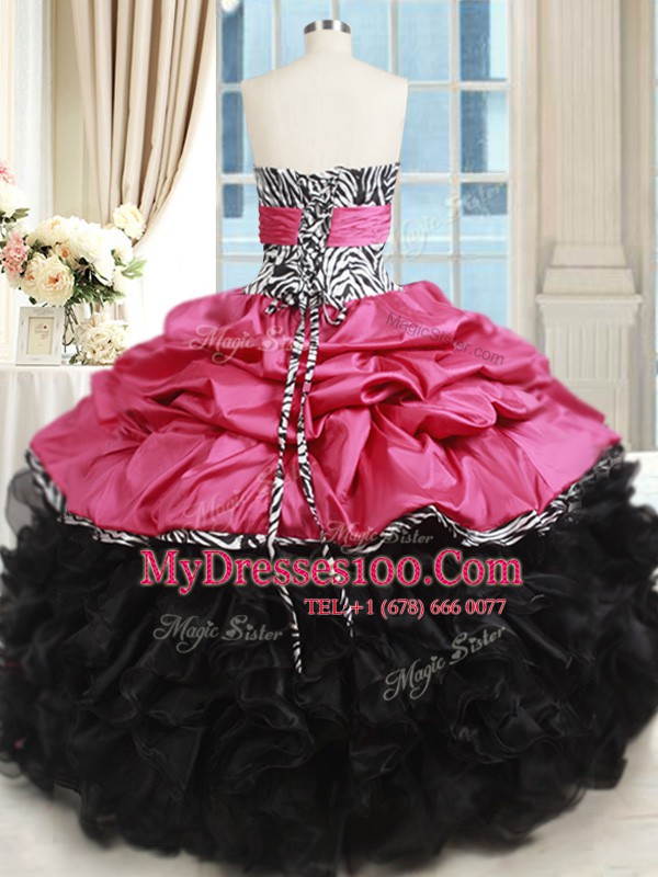 Fashionable Pink And Black Lace Up Strapless Beading and Ruffles Quinceanera Dresses Organza and Taffeta Sleeveless
