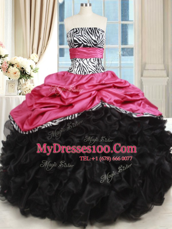 Fashionable Pink And Black Lace Up Strapless Beading and Ruffles Quinceanera Dresses Organza and Taffeta Sleeveless