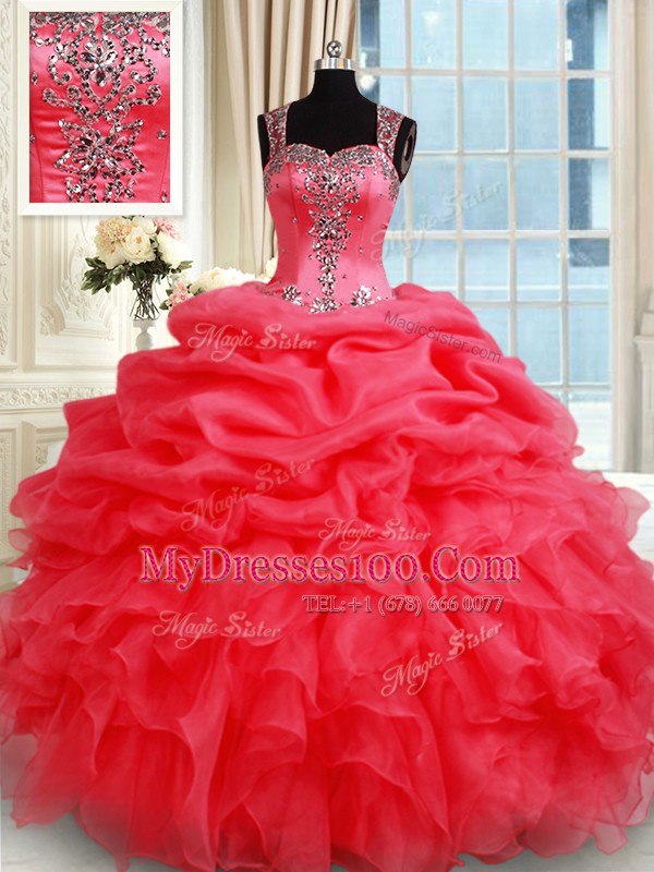 Fabulous Coral Red Zipper Straps Beading and Ruffles and Pick Ups Sweet 16 Dresses Organza Sleeveless