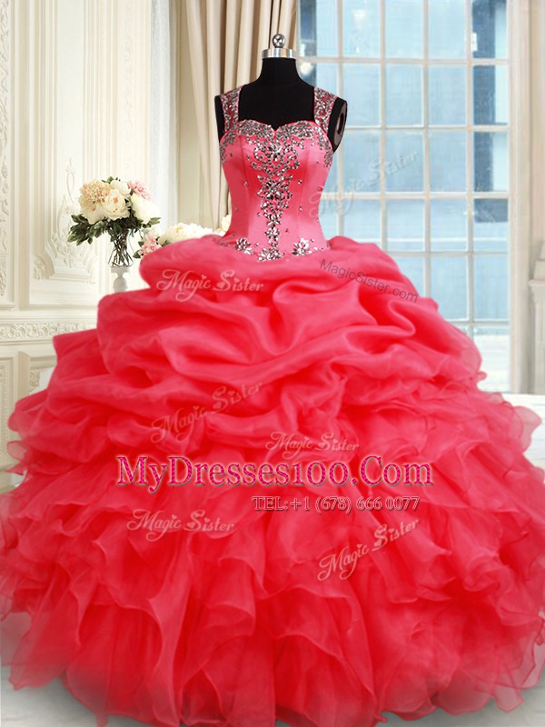 Fabulous Coral Red Zipper Straps Beading and Ruffles and Pick Ups Sweet 16 Dresses Organza Sleeveless