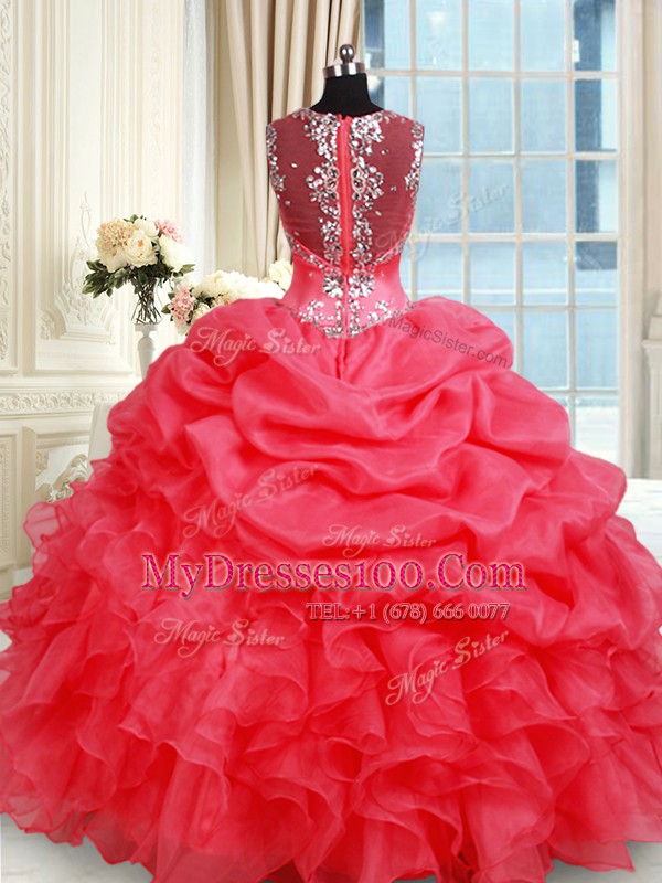 Fabulous Coral Red Zipper Straps Beading and Ruffles and Pick Ups Sweet 16 Dresses Organza Sleeveless