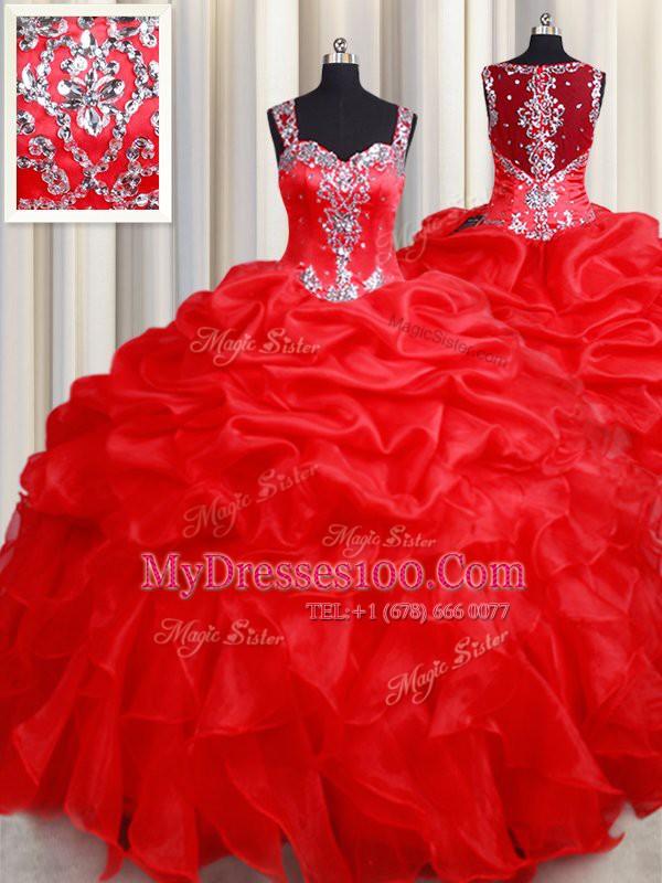 Fancy Straps Sleeveless Zipper Floor Length Beading and Ruffles Sweet 16 Dresses