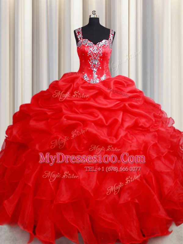 Fancy Straps Sleeveless Zipper Floor Length Beading and Ruffles Sweet 16 Dresses