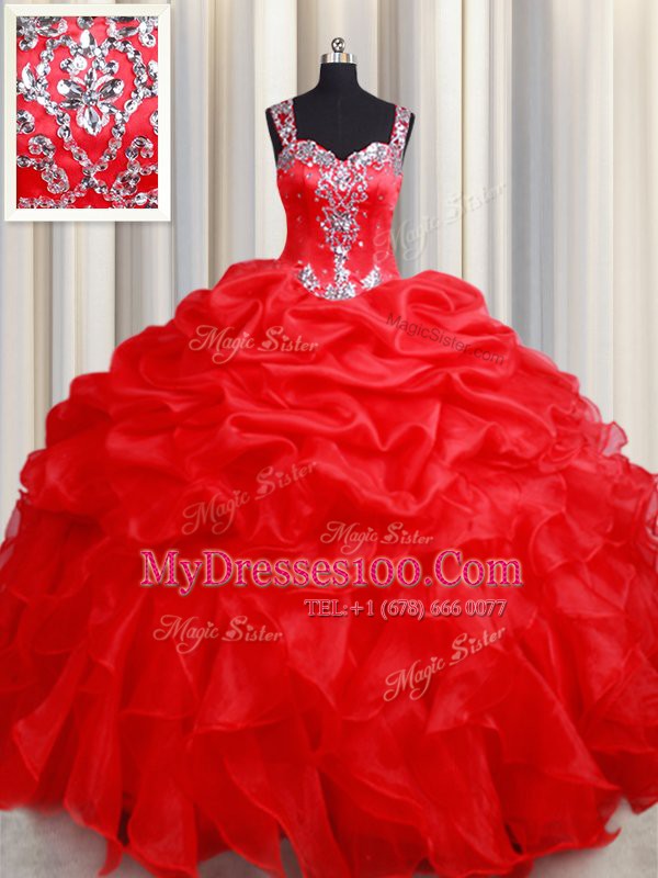 Fancy Straps Sleeveless Zipper Floor Length Beading and Ruffles Sweet 16 Dresses