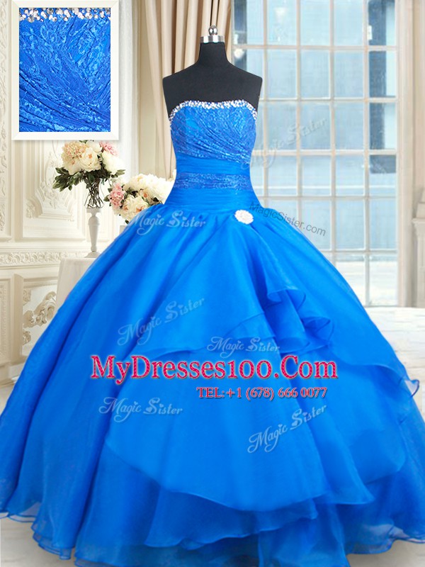 Blue Lace Up Strapless Beading and Lace and Sequins Quinceanera Gowns Organza Sleeveless Court Train