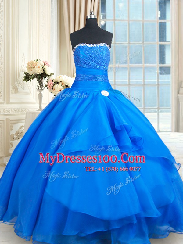 Blue Lace Up Strapless Beading and Lace and Sequins Quinceanera Gowns Organza Sleeveless Court Train