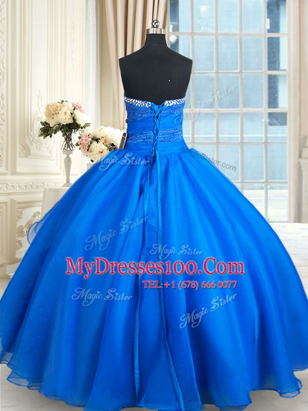 Blue Lace Up Strapless Beading and Lace and Sequins Quinceanera Gowns Organza Sleeveless Court Train