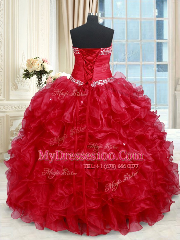 Red Ball Gowns Sweetheart Sleeveless Organza Floor Length Lace Up Beading and Ruffles Vestidos de Quinceanera