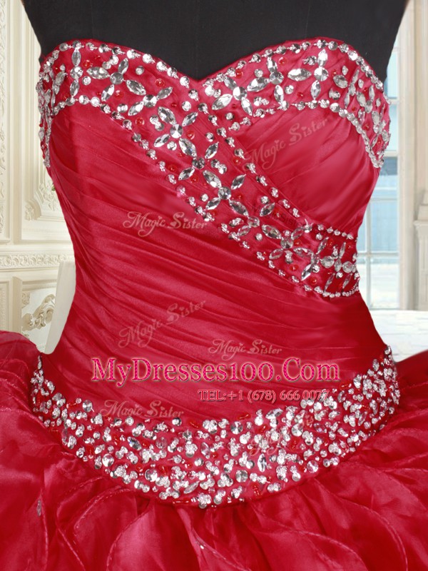 Red Ball Gowns Sweetheart Sleeveless Organza Floor Length Lace Up Beading and Ruffles Vestidos de Quinceanera
