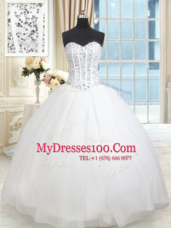 White Ball Gowns Tulle Sweetheart Sleeveless Beading and Ruffled Layers and Sequins Floor Length Lace Up Sweet 16 Quinceanera Dress