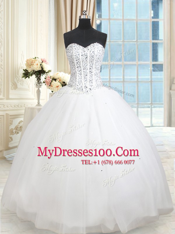 White Ball Gowns Tulle Sweetheart Sleeveless Beading and Ruffled Layers and Sequins Floor Length Lace Up Sweet 16 Quinceanera Dress