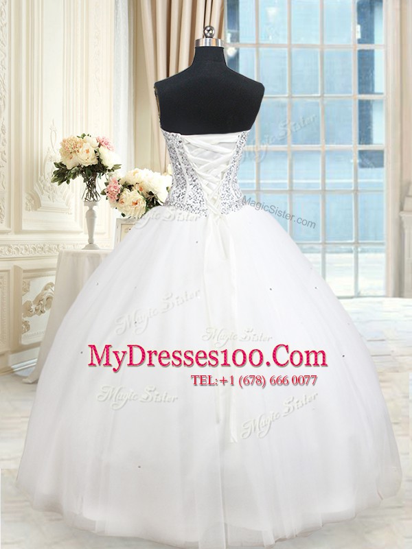 White Ball Gowns Tulle Sweetheart Sleeveless Beading and Ruffled Layers and Sequins Floor Length Lace Up Sweet 16 Quinceanera Dress