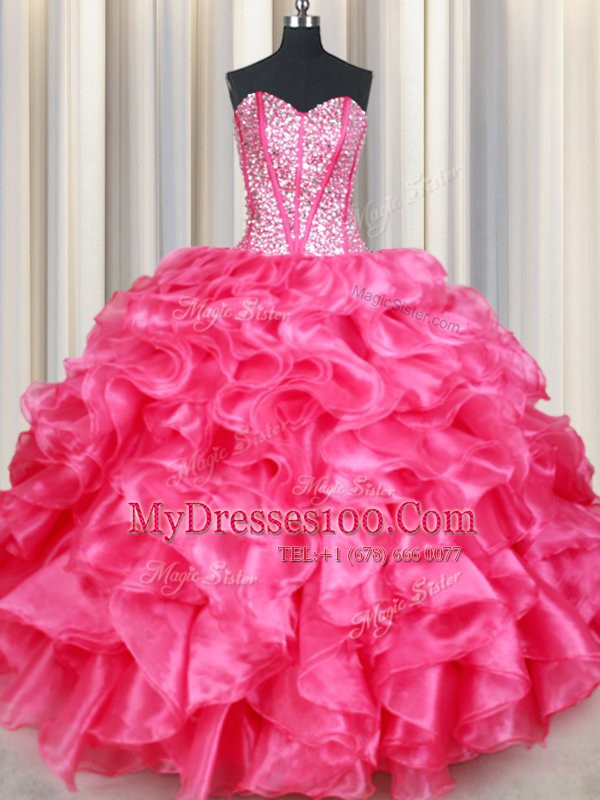 Organza Sweetheart Sleeveless Lace Up Beading and Ruffles Vestidos de Quinceanera in Hot Pink