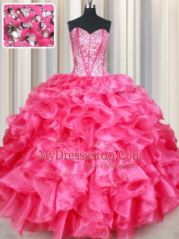 Organza Sweetheart Sleeveless Lace Up Beading and Ruffles Vestidos de Quinceanera in Hot Pink