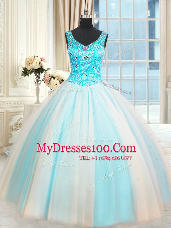 New Style Tulle Sleeveless Floor Length Quince Ball Gowns and Beading