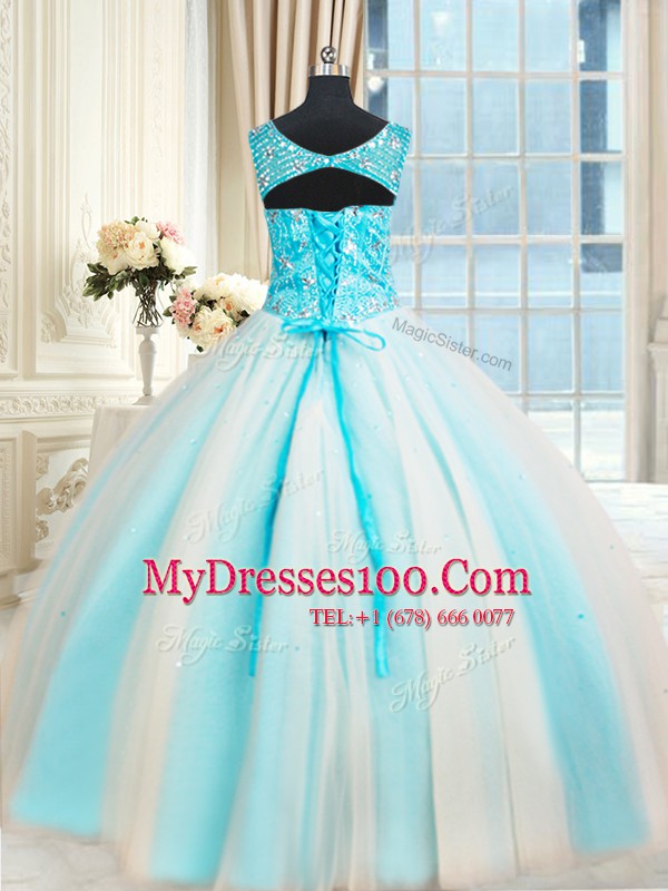 New Style Tulle Sleeveless Floor Length Quince Ball Gowns and Beading