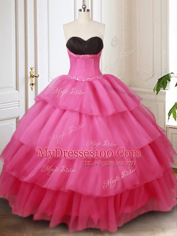 Suitable Hot Pink Ball Gowns Beading and Ruffled Layers Ball Gown Prom Dress Lace Up Organza Sleeveless Floor Length