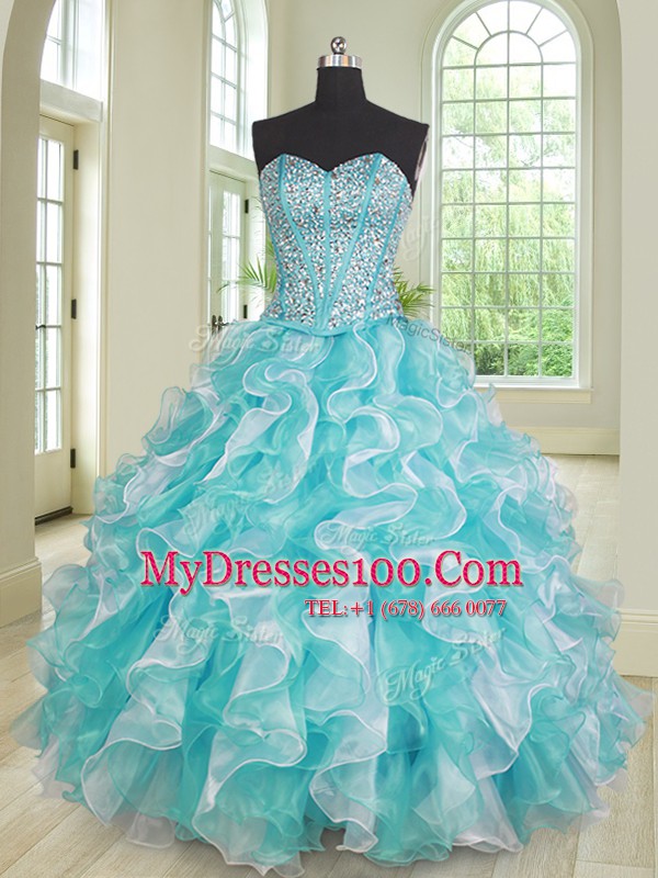 Blue And White Sleeveless Floor Length Beading and Ruffles Lace Up Sweet 16 Dresses