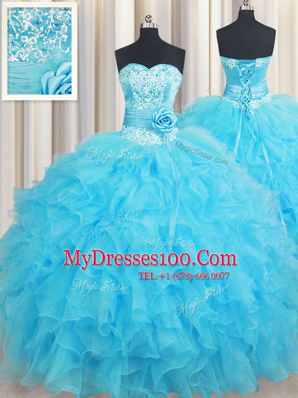 Popular Baby Blue Lace Up Sweetheart Beading and Ruffles and Hand Made Flower Vestidos de Quinceanera Organza Sleeveless