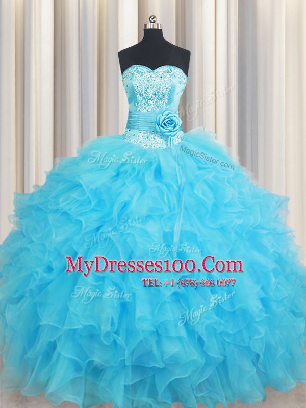 Popular Baby Blue Lace Up Sweetheart Beading and Ruffles and Hand Made Flower Vestidos de Quinceanera Organza Sleeveless