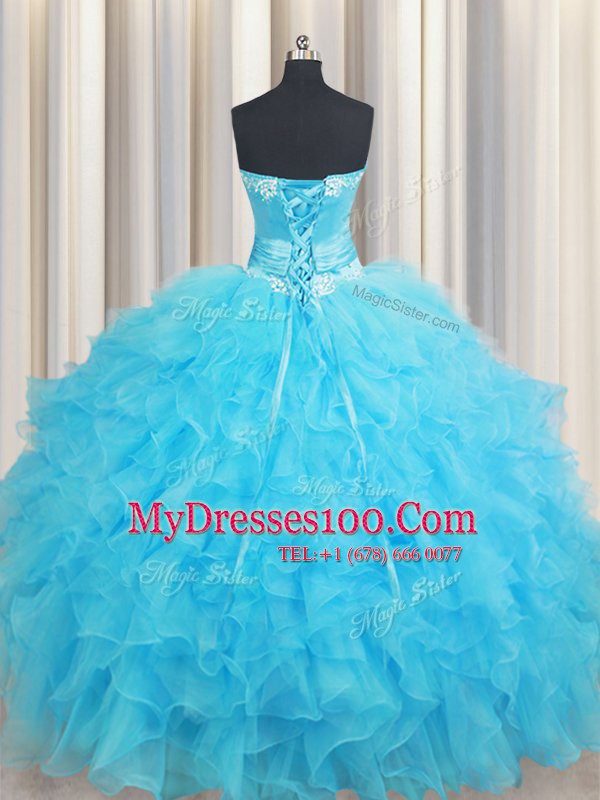 Popular Baby Blue Lace Up Sweetheart Beading and Ruffles and Hand Made Flower Vestidos de Quinceanera Organza Sleeveless