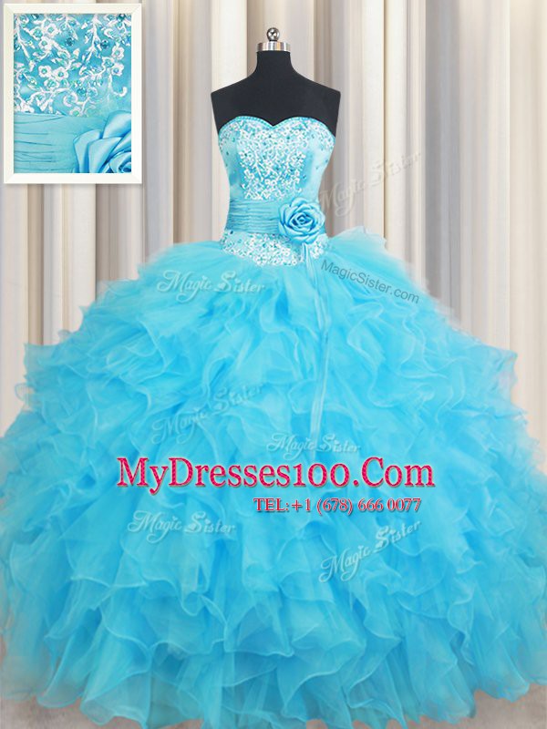 Popular Baby Blue Lace Up Sweetheart Beading and Ruffles and Hand Made Flower Vestidos de Quinceanera Organza Sleeveless