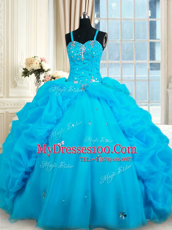 Inexpensive Straps Sleeveless Lace Up Floor Length Beading and Pick Ups Quinceanera Dresses